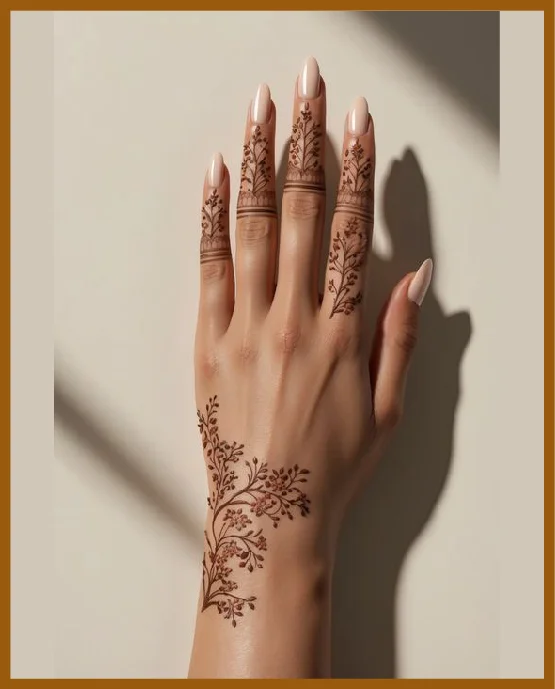 Leafy Pattern Khafif Back Hand Design For Girls Khafif (Minimal) Back Hand Mehndi Design